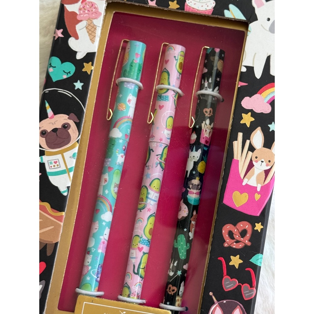 New Clementine 3 pen set; Dogs, Avocados,‎ Rainbow Cats  Black ink pens